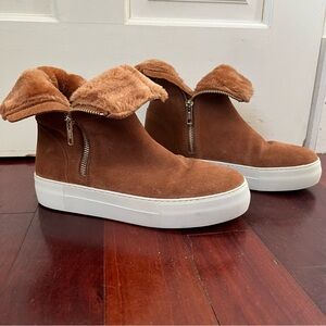 J Slides Tristan Faux Fur Lined Waterproof Suede Sneaker Boots 6.5 Tan Platform
